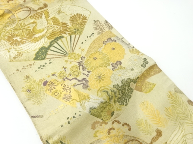 JAPANESE KIMONO / ANTIQUE MARU OBI / WOVEN FOLDING FAN & FLOWERS & BIRDS